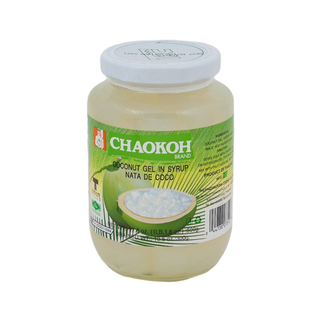 A glass jar of Chaokoh Coconut Gel in Syrup with a green label, displaying the product name and an image of a coconut.
