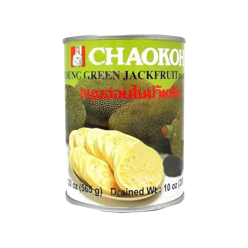 Can of Chaokoh young green jackfruit on a white background