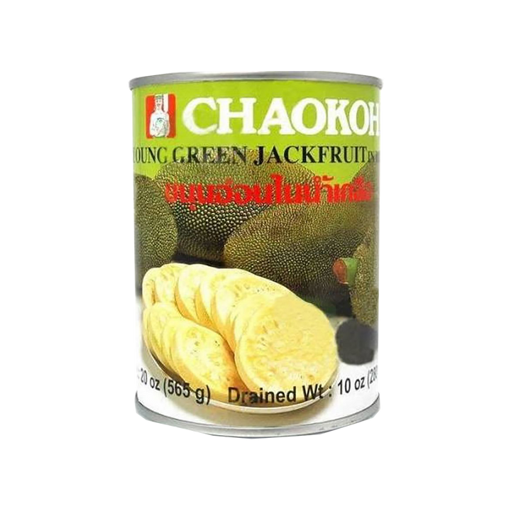 Can of Chaokoh young green jackfruit on a white background