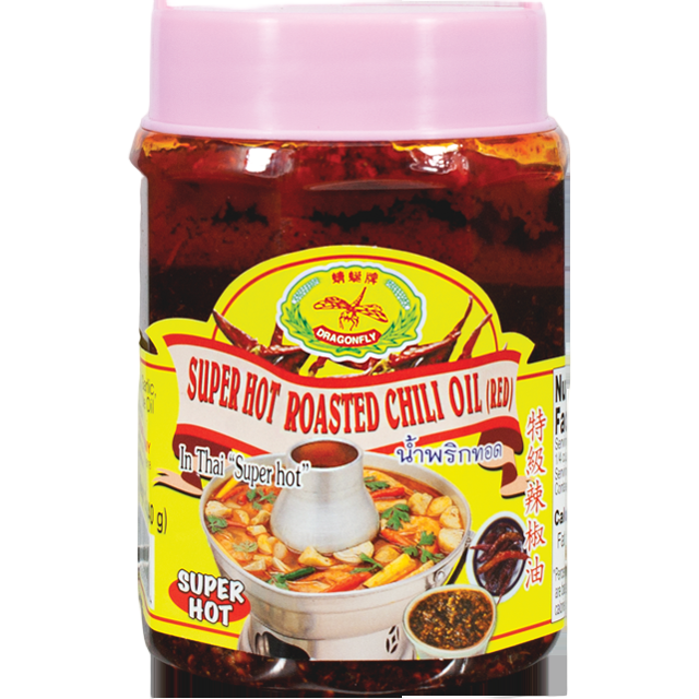 Plastic jar of Dragonfly Super Hot Roasted Chili Oil (red) with pink lid, featuring Thai text and spicy hotpot dish imagery.