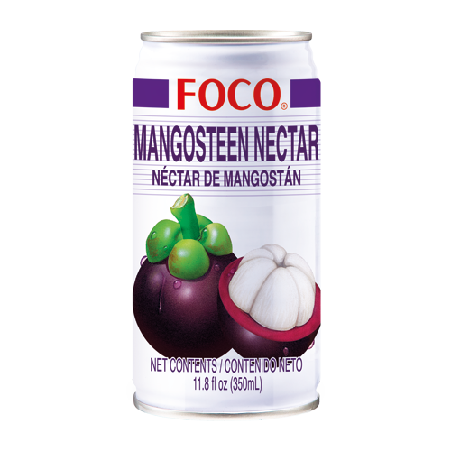 Can of Foco Mangosteen Nectar with mangosteen fruit illustration on a white background
