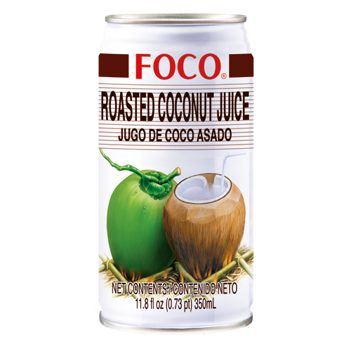 Can of FOCO Roasted Coconut Juice with coconut graphics on a white background