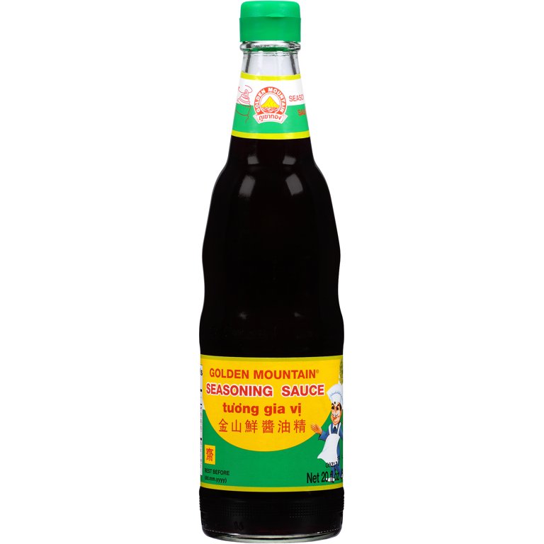 Glass bottle of Golden Mountain seasoning sauce on a white background