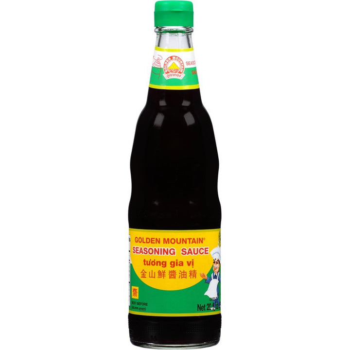 Glass bottle of Golden Mountain seasoning sauce on a white background