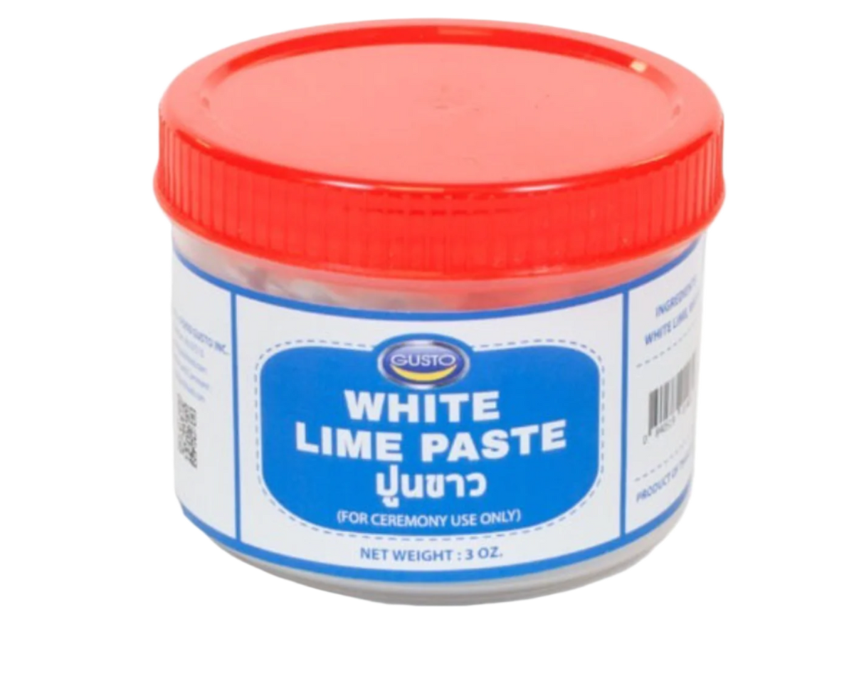 A container of Gusto White Lime Paste, with a red lid and a label that includes the product name and weight information.