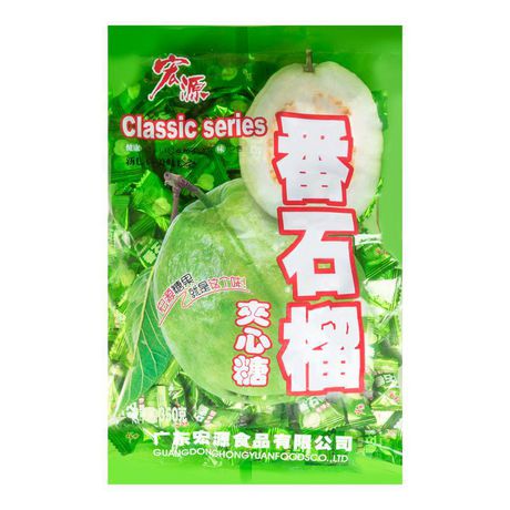 A package of Hongyuan Classic Series Guava Candy with a green background displaying a fresh guava and the Chinese text for 'Classic Series' and 'Guava Candy'.