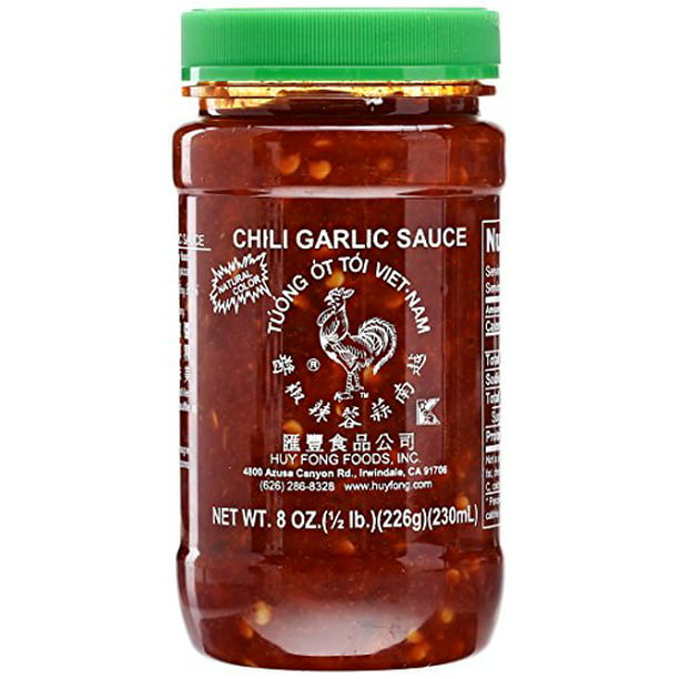 Huy Fong Chili Garlic Sauce with green cap in 8oz clear plastic bottle.