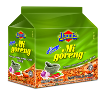 Packaging of Ibumie Always Mi Goreng Sambal Prawn Flavor instant noodles. The packaging is green and white with images of the product and a graphic of a prawn.