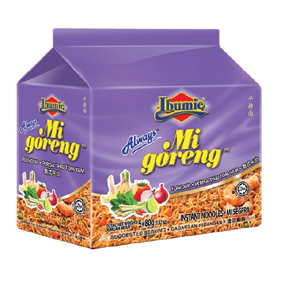A pack of Ibumie Always Mi Goreng Tom Yum flavor instant noodles. The packaging is purple with images of the noodles and vegetables on the front.