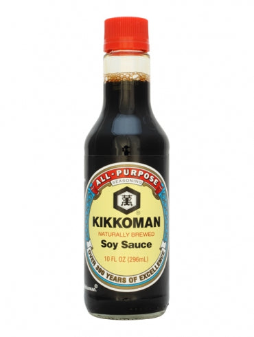 Kikkoman All-Purpose Seasoning Soy Sauce, traditionally brewed with no preservatives, in a 10 oz (296 mL) red cap and glass bottle.