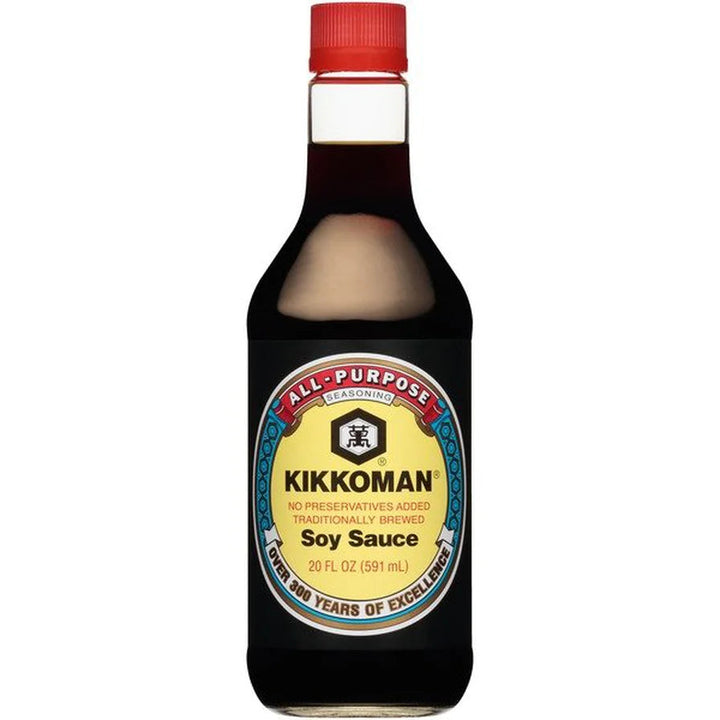 Kikkoman All-Purpose Seasoning Soy Sauce, traditionally brewed with no preservatives, in a 20 oz (591 mL) red cap and glass bottle.