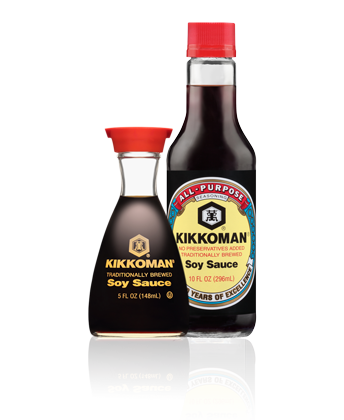 Kikkoman All-Purpose Seasoning Soy Sauce, traditionally brewed with no preservatives, with 2 glass bottles pictured together in a 10 oz and 5 oz red cap.