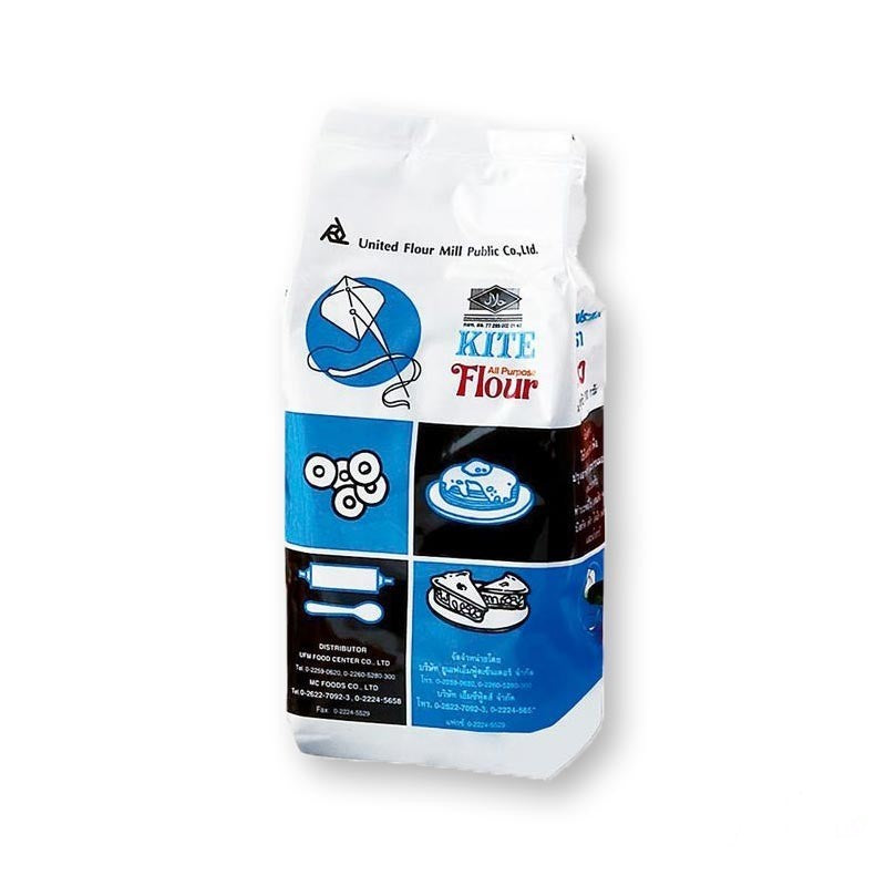 Bag of Kite Flour with branding and product details on a white background