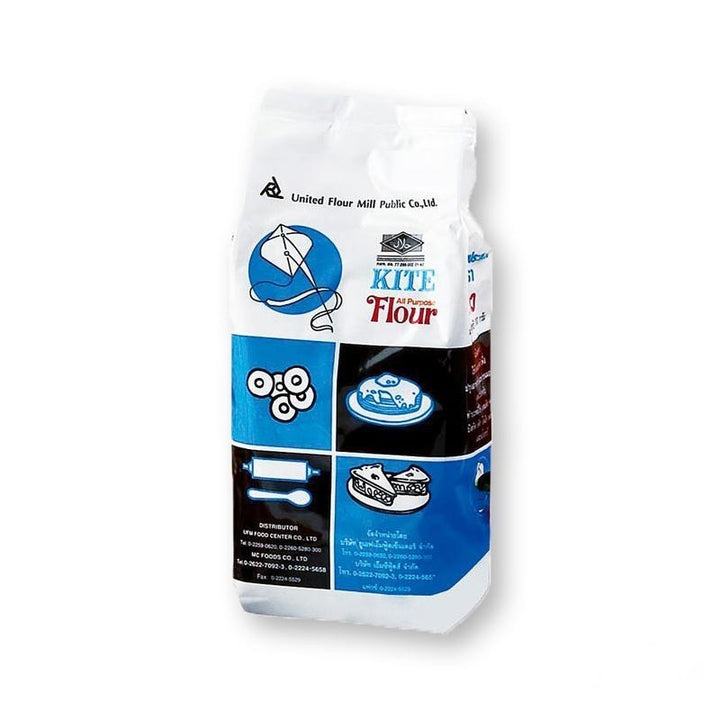 Bag of Kite Flour with branding and product details on a white background