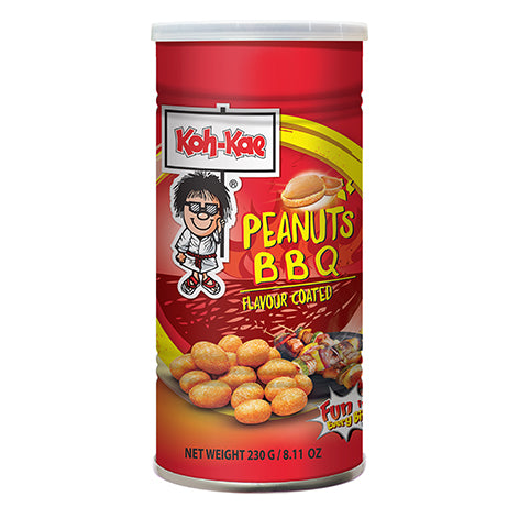 A tin can of Koh-Kae BBQ flavour coated peanuts displaying the product and brand name with an illustration of a smiling cartoon character on the label.