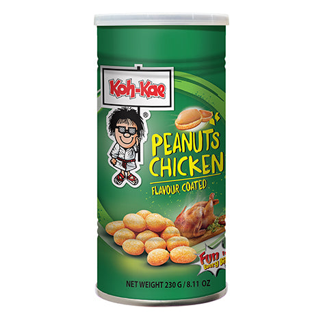 A canister of Koh-Kae Peanuts Chicken flavour coated chips on a plain white background.