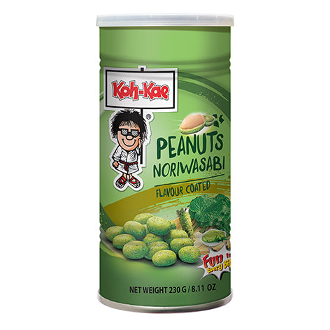 A green canister of Koh-Kae Flavour Coated Peanuts Noriwasabi, featuring the brand's cartoon mascot and product imagery on a white background.