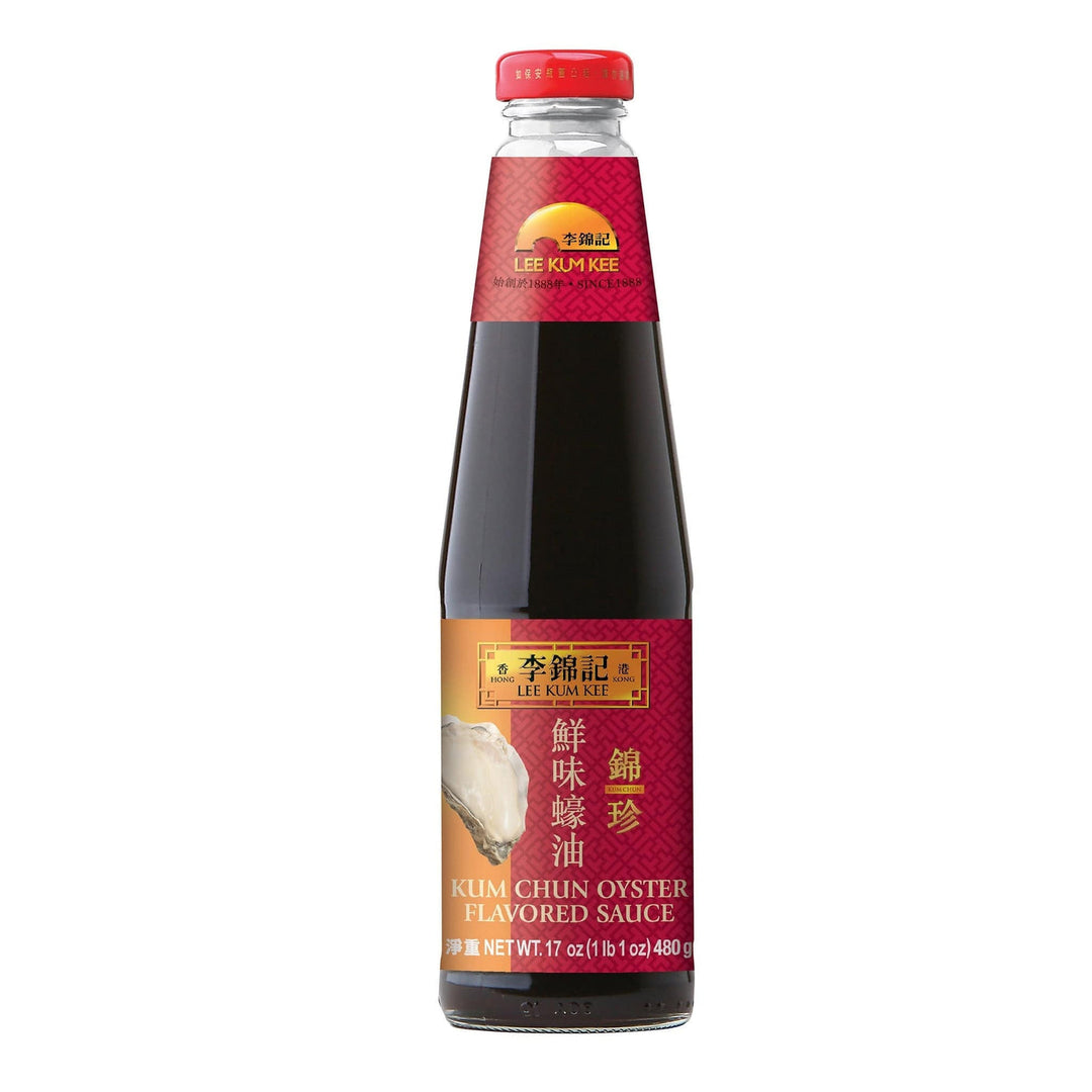 Bottle of Lee Kum Kee Kum Chun Oyster Flavored Sauce on a white background