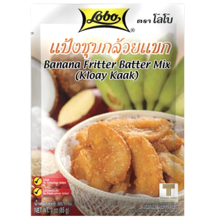 Packaging of Lobo Banana Fritter Batter Mix with an image of prepared banana fritters and a bowl.