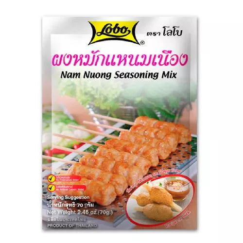 Lobo Nam Nuong Seasoning Mix packaging with skewered meat and dipping sauce on a white background