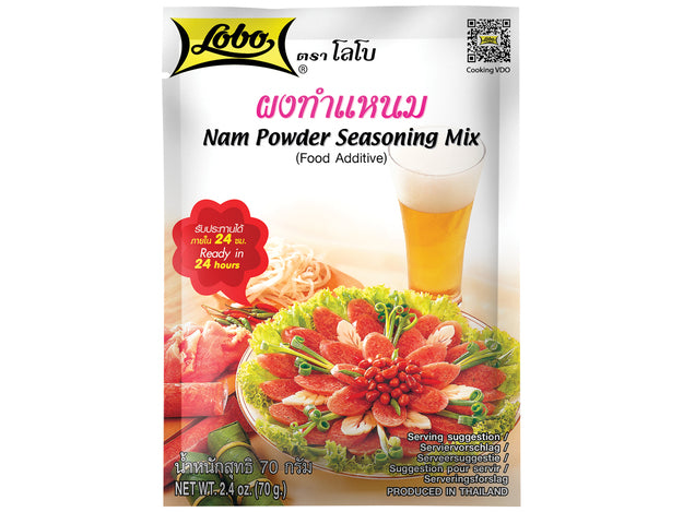 Packaging of Lobo Nam Powder Seasoning Mix featuring the product name, an image of a sausage, and a glass of beer.