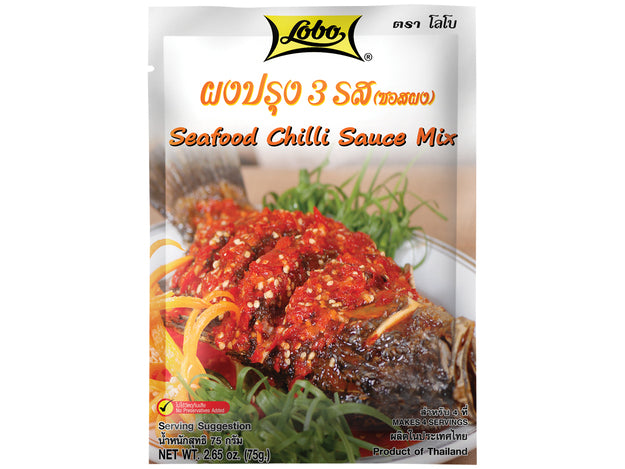 Lobo Seafood Chilli Sauce Mix packaging with a fish dish on a white background