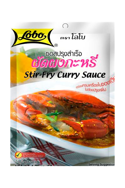 Packaging of Lobo Stir-Fry Curry Sauce showing the product name, an image of a dish with stir-fried vegetables in curry sauce, and the net weight.