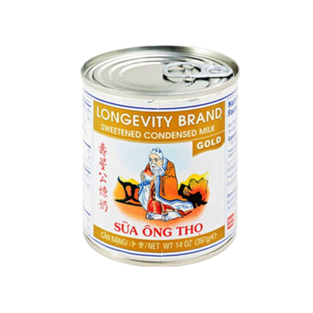 Longevity Brand Sweetened Condensed Milk Gold can with an illustration of an elderly man holding a staff, featuring gold and red accents.