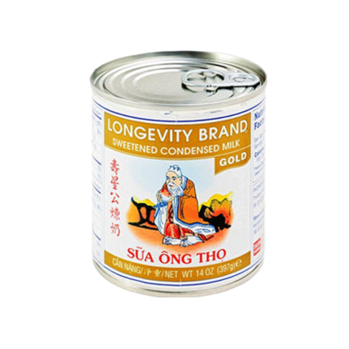 Longevity Brand Sweetened Condensed Milk Gold can with an illustration of an elderly man holding a staff, featuring gold and red accents.
