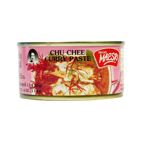 Light pink can of Chu Chee Curry Paste with Maesri branding on a white background