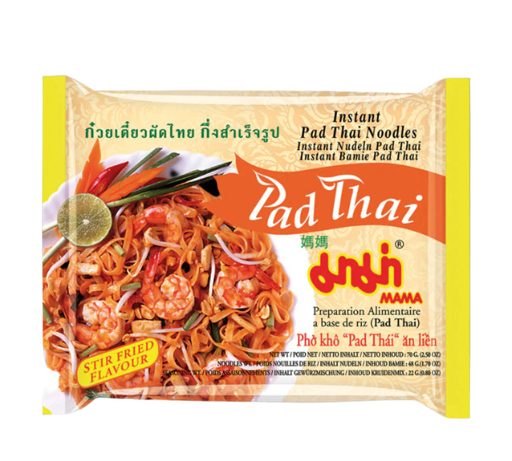 Packaging of Mama Instant Pad Thai Noodles showing the product and prepared noodles with vegetables.