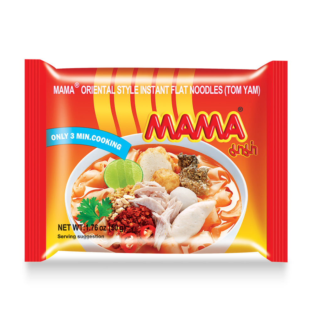 Packaging for Mama Oriental Style Instant Flat Noodles Tom Yam Flavor, showing the product name, a picture of the noodles with chicken, and the preparation time of 3 min cooking.