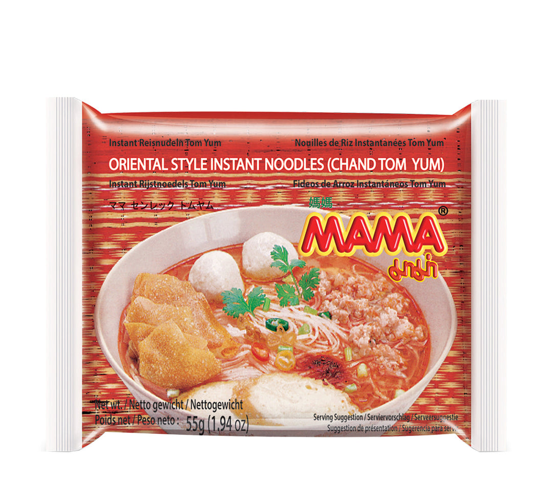 Packaging of Mama Oriental Style Instant Noodles Chand Tom Yum flavor, showing the product and brand name with a red background.