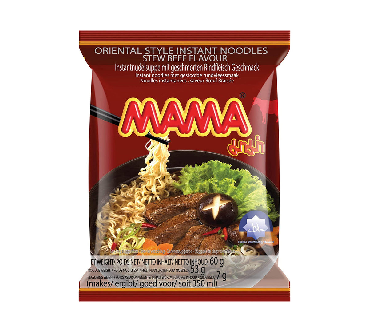 Packaging for Mama Oriental Style Instant Noodles Stew Beef Flavor, showing the product and its name in English and Thai, with an image of the noodles mixed with beef and vegetables.