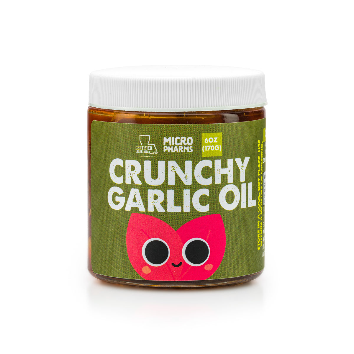 A jar of Micro Pharms Crunchy Garlic Oil with a label featuring a cartoon garlic character, indicating the flavor and organic qualities of the product.