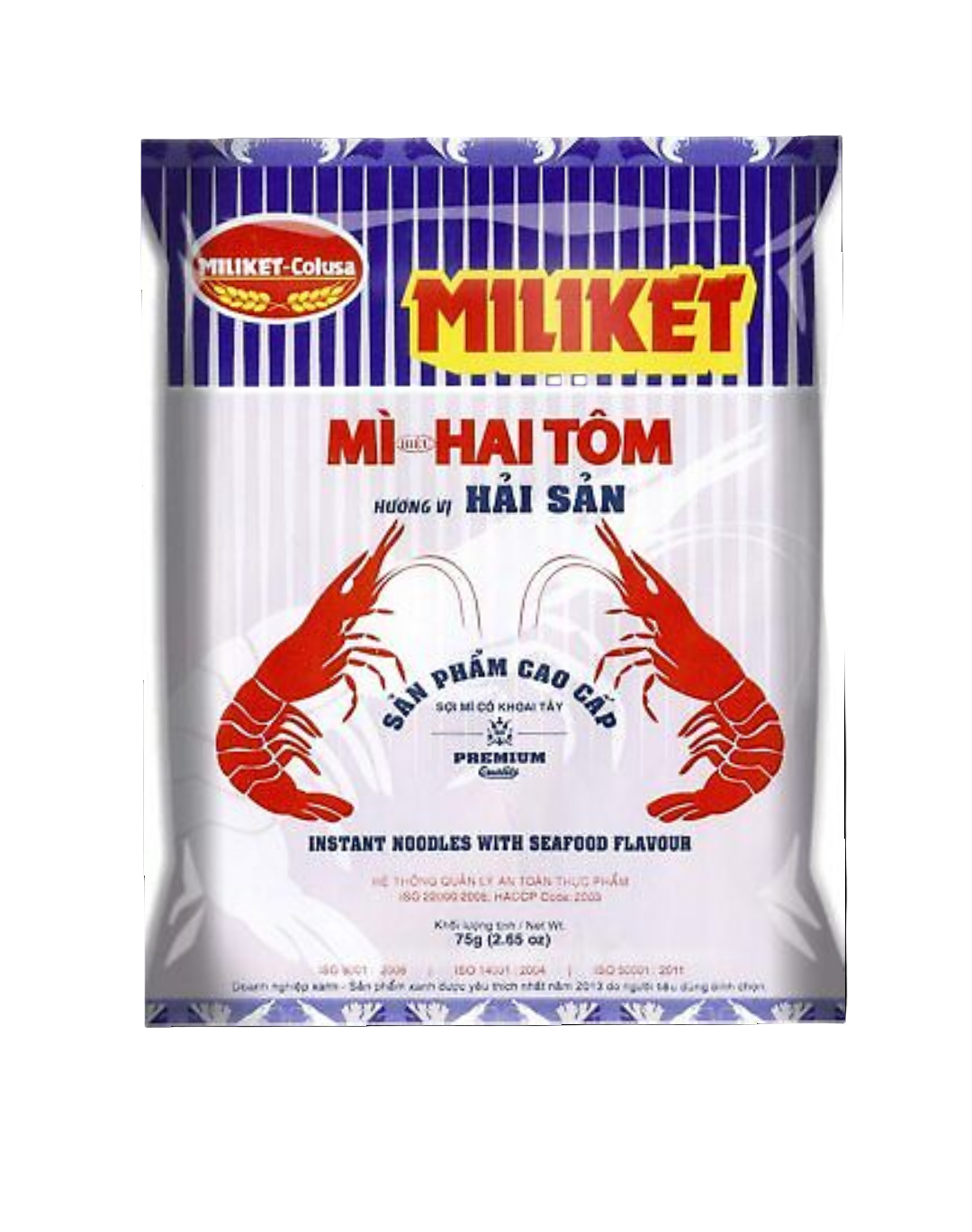 Miliket instant noodles with seafood flavor packaging on a white background