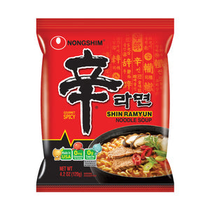 Packaging of Nongshim Shin Ramyun Noodle Soup, Gourmet Spicy flavor, with an image of the product and a red background.