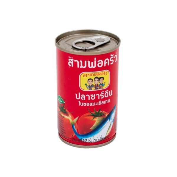A can of Sam Por Krua Sardines in Tomato Sauce with a red background and an image of sardines and tomatoes on the label.