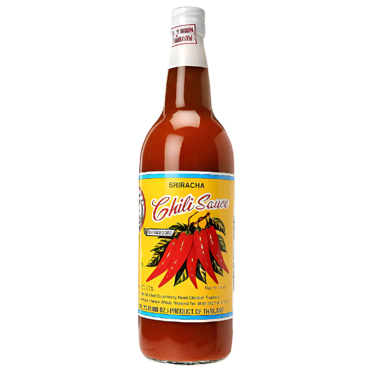 A glass bottle of Shark Brand Sriracha Chili Sauce with a label showing the brand name and an illustration of chili peppers.