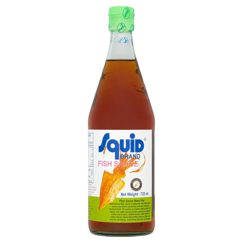 Bottle of Squid Brand Fish Sauce on a white background