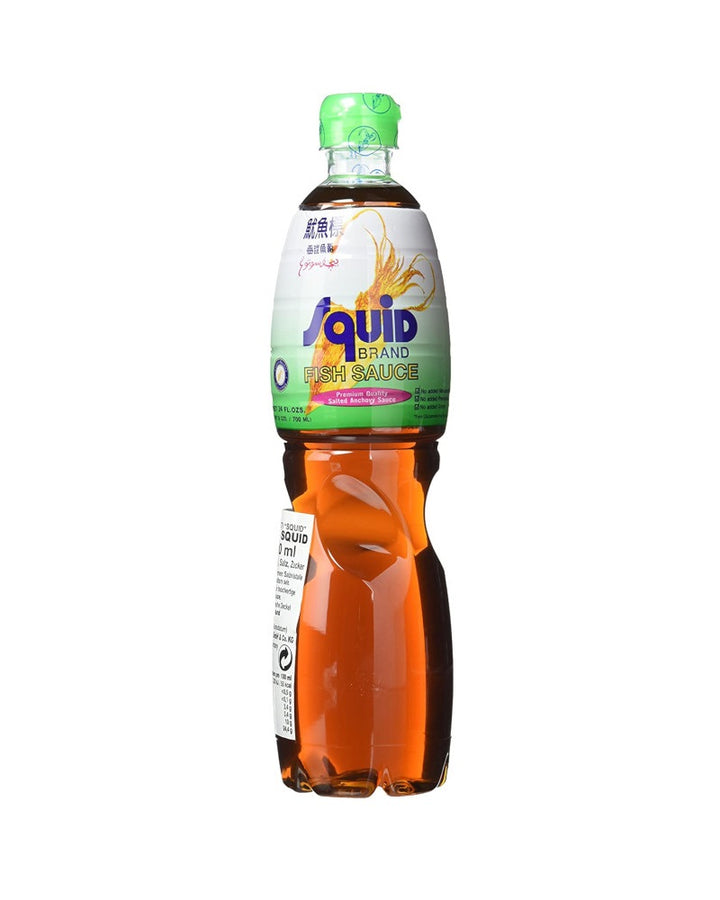 A plastic bottle of Squid Brand Fish Sauce with a green cap and a label that includes the brand name and product type.