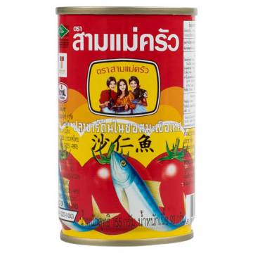 A can of Three Lady Cooks Sardines in Tomato Sauce with a colorful label featuring images of sardines and tomatoes.