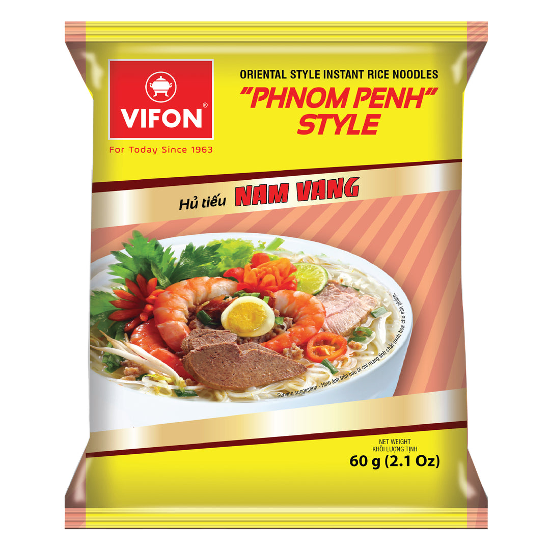 Packaging of Vifon Instant Rice Noodles Phnom Penh Style featuring an image of the product with shrimp, eggs, and vegetables, and text in Vietnamese and English.