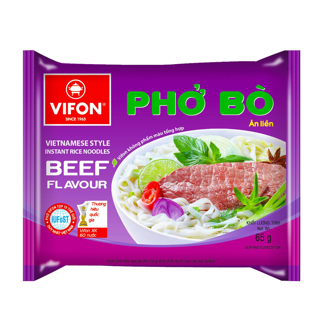 Packaging of Vifon Instant Rice Noodles Pho Bo Beef Flavour showing the product name, an image of the noodles with beef and vegetables, and halal certification.