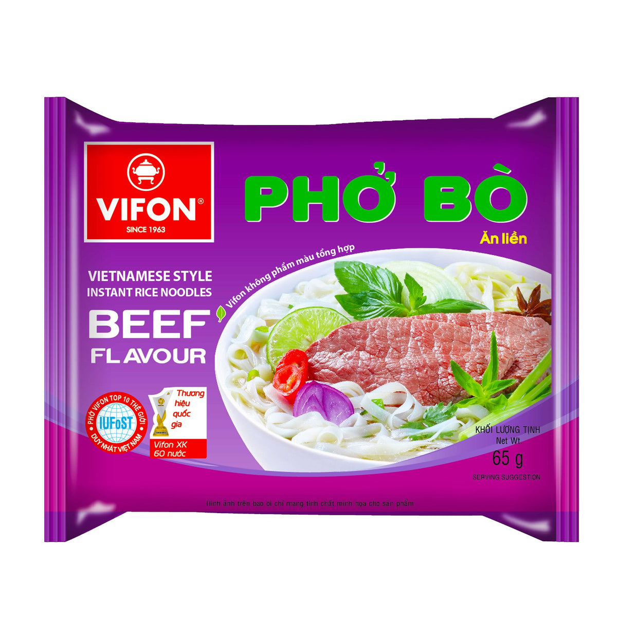 Packaging of Vifon Instant Rice Noodles Pho Bo Beef Flavour showing the product name, an image of the noodles with beef and vegetables, and halal certification.