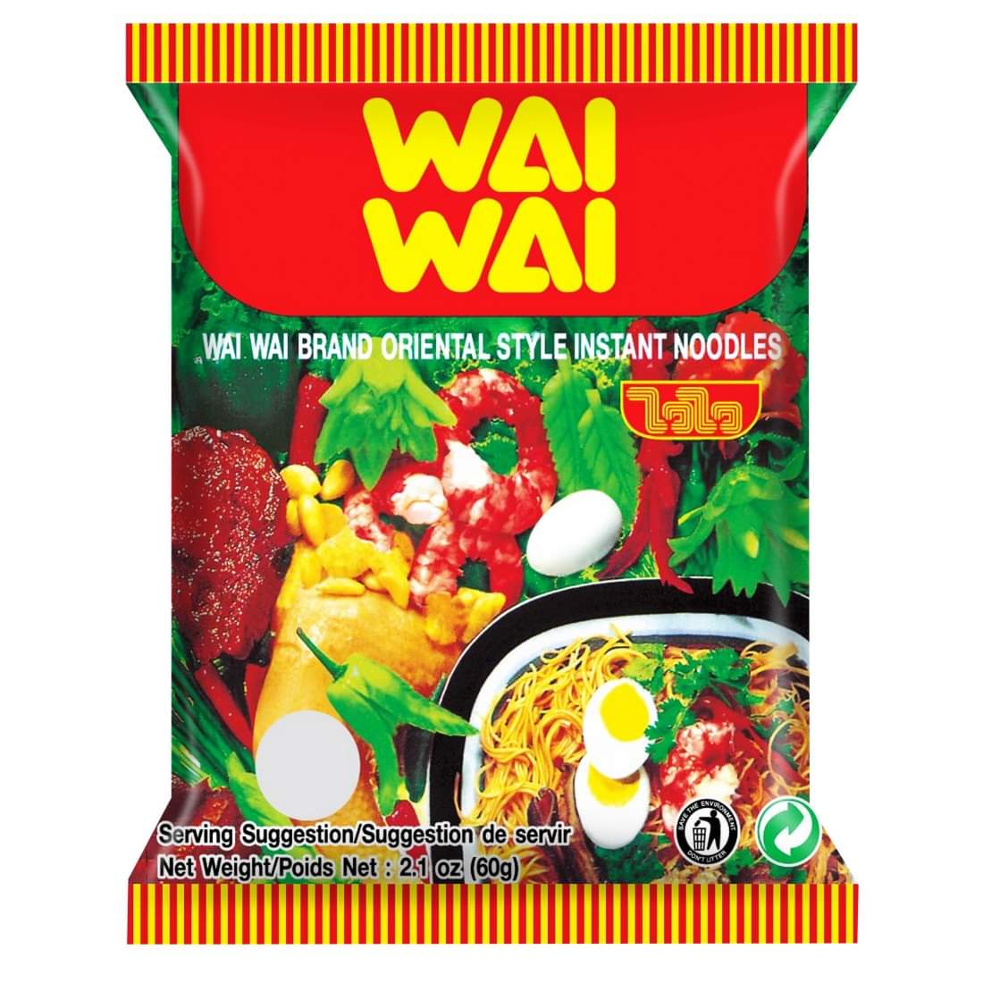 Wai Wai brand oriental style instant noodles packaging with colorful design