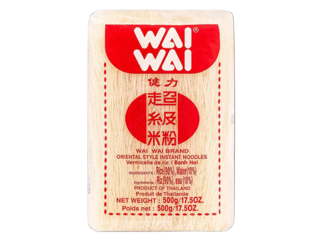 Wai Wai brand oriental-style instant rice vermicelli noodles in 17.5 oz clear packaging with red and white label.