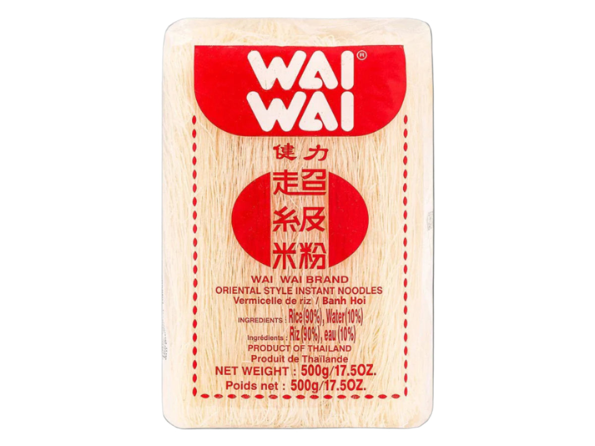Wai Wai brand oriental-style instant rice vermicelli noodles in 17.5 oz clear packaging with red and white label.